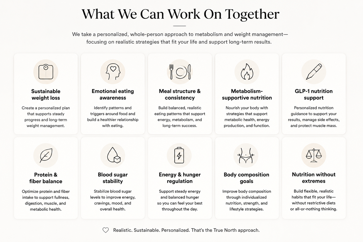 A webpage titled 'What We Can Work On Together' outlining various health and nutrition goals, including sustainable weight loss, emotional eating awareness, meal structure and consistency, metabolism-supportive nutrition, GLP-1 nutrition support, protein and fiber balance, blood sugar stability, energy and hunger regulation, body composition goals, and nutrition without extremes.