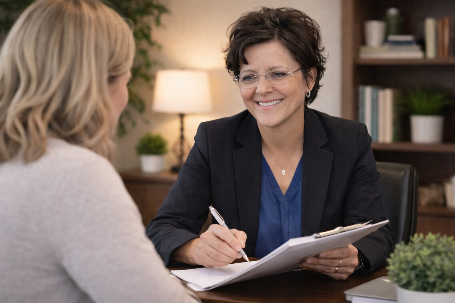 A woman with short dark hair and glasses smiling while sitting at a desk, holding a pen and a clipboard, in a cozy office with bookshelf and lamp in the background.