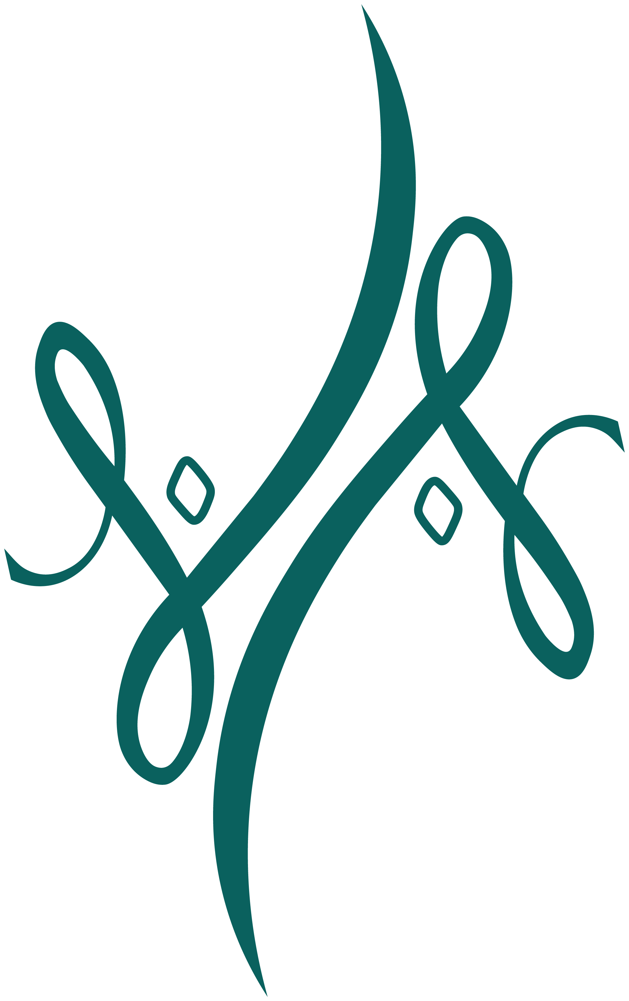 Decorative teal floral design with elegant, flowing lines on a black background.