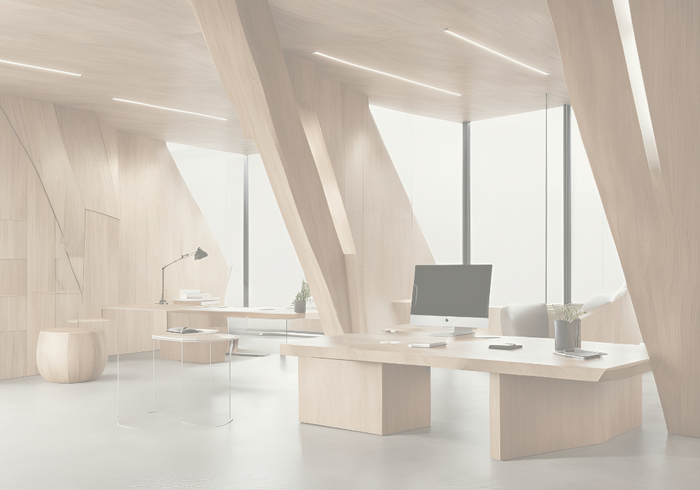 Minimalist modern office with light wood furniture, large windows, and minimal decor.