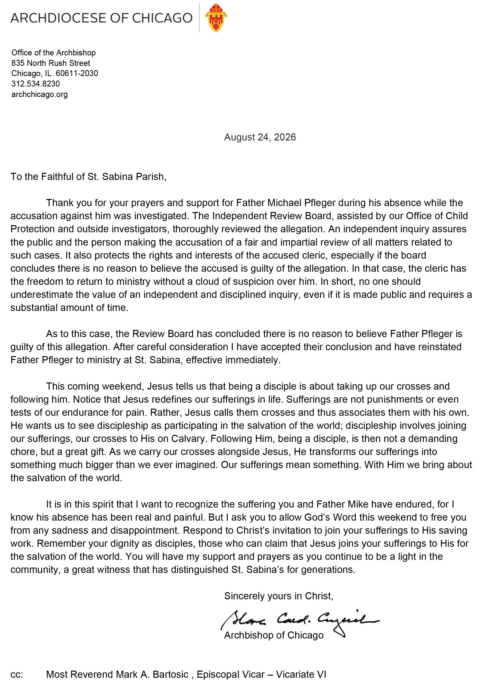 Father Pfleger Reinstated 