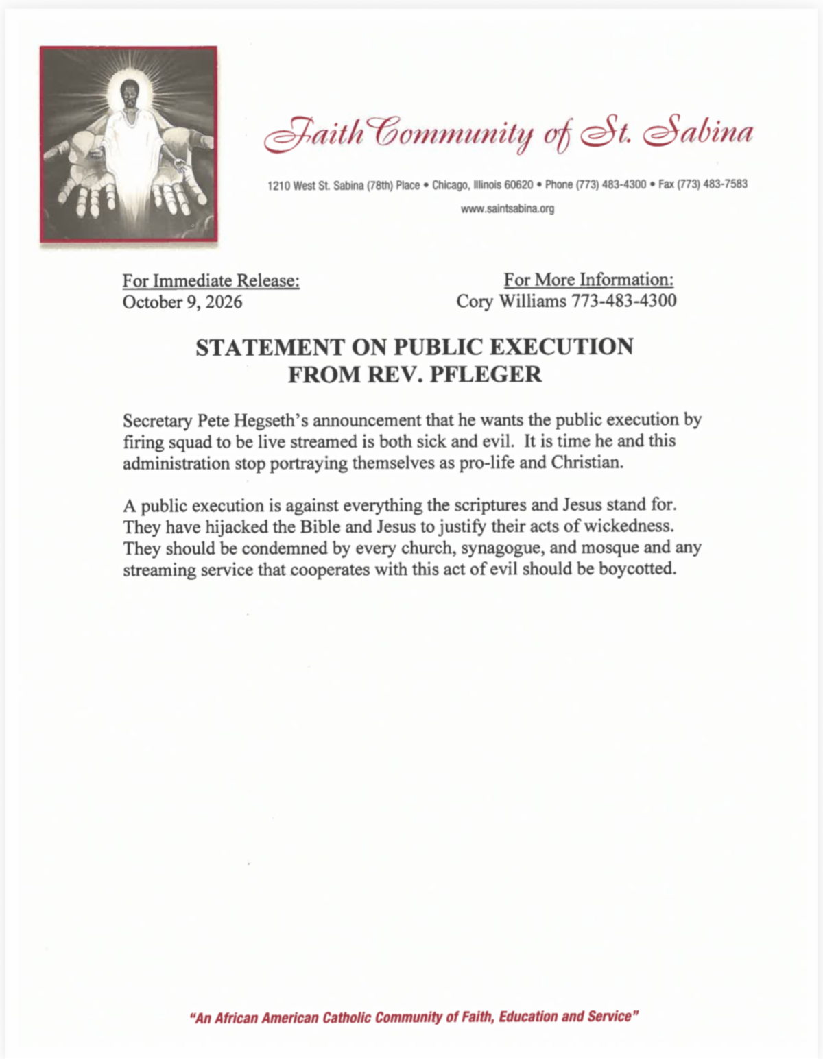 Statement on Public Execution by Rev. Pfleger