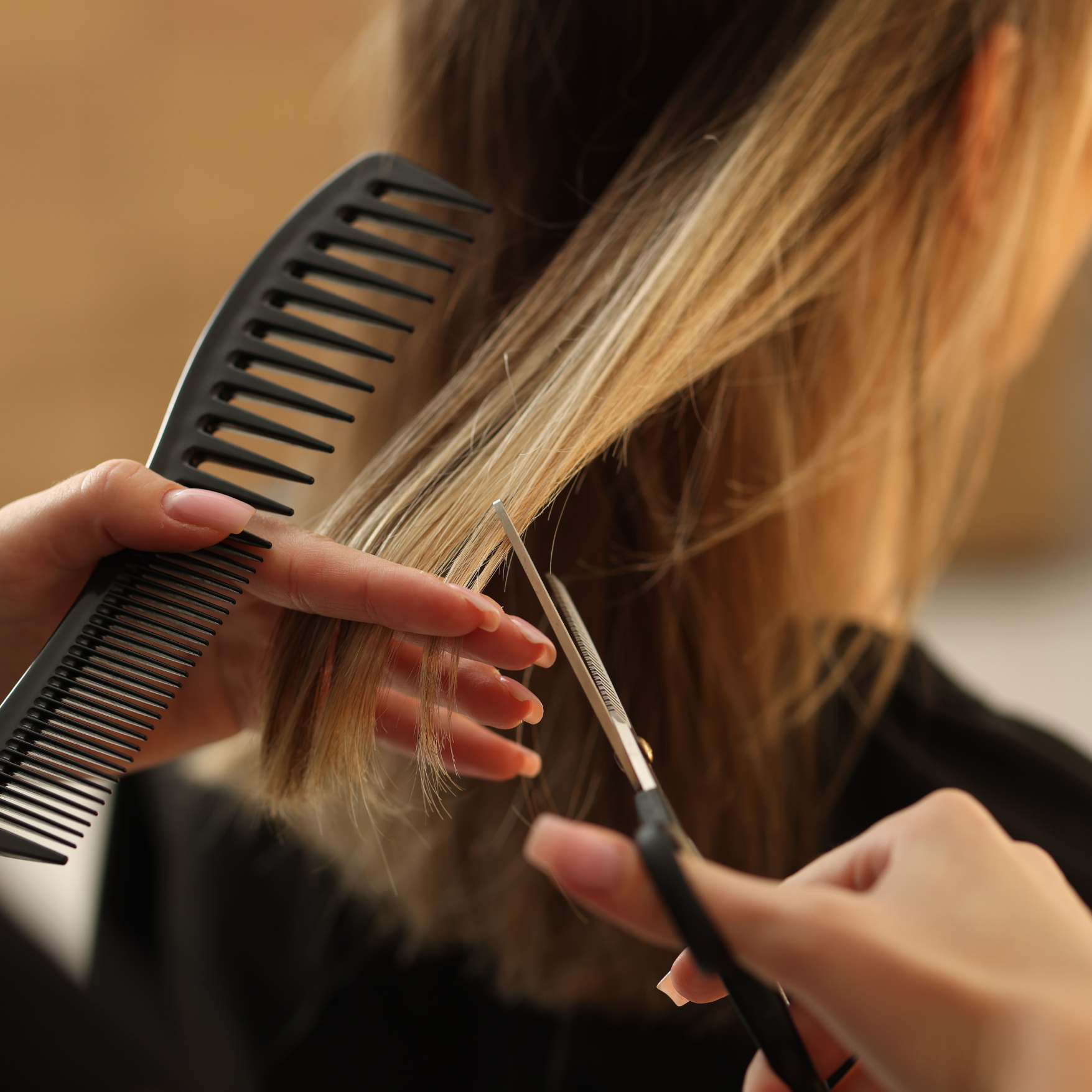 Close-up of a person cutting a woman's blonde hair with scissors while holding a black comb.