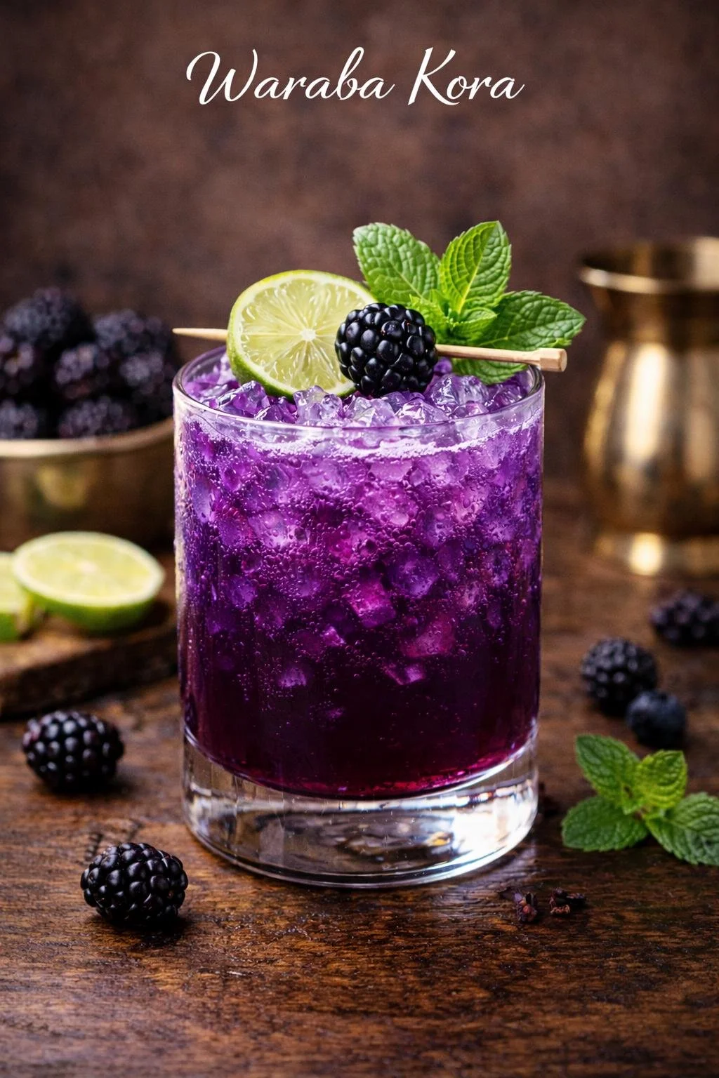 A purple drink in a glass with ice, garnished with a lime slice, blackberry, and mint leaves, on a wooden surface with blackberries and lime halves around.