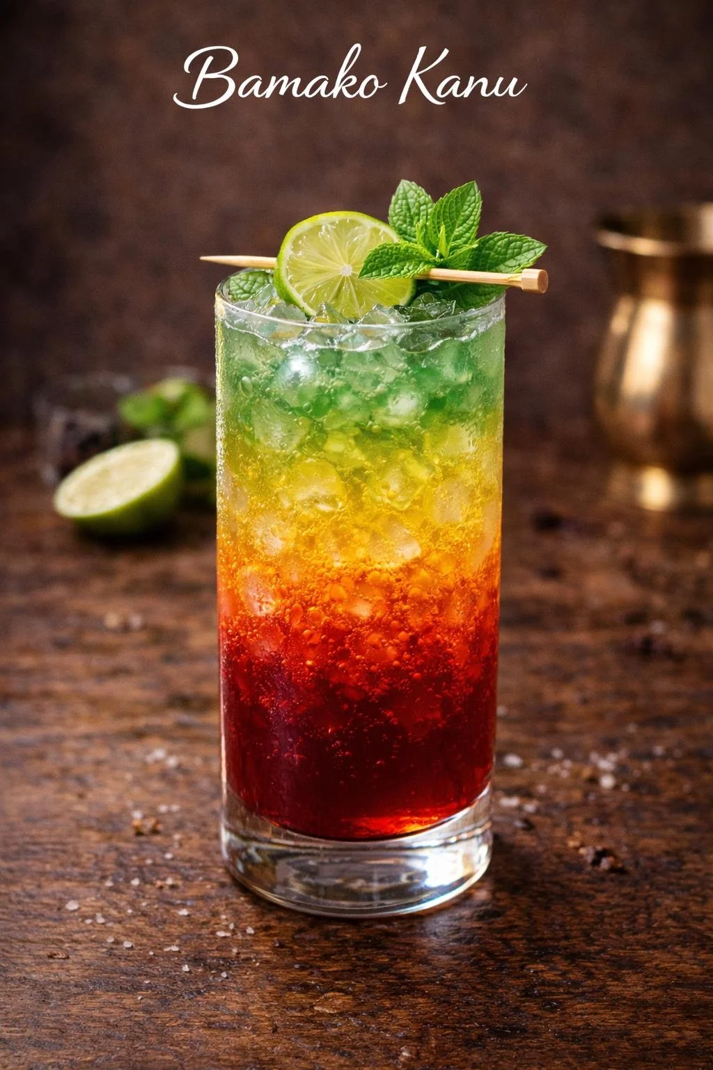 Colorful layered cocktail with lime and mint garnish on a wooden surface.