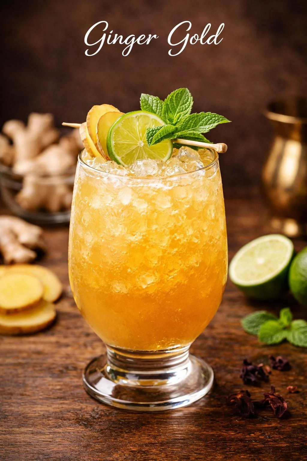 A cocktail with crushed ice in a glass, garnished with lemon and lime slices, and fresh mint leaves, on a wooden surface with lime halves, ginger, and herbs around.