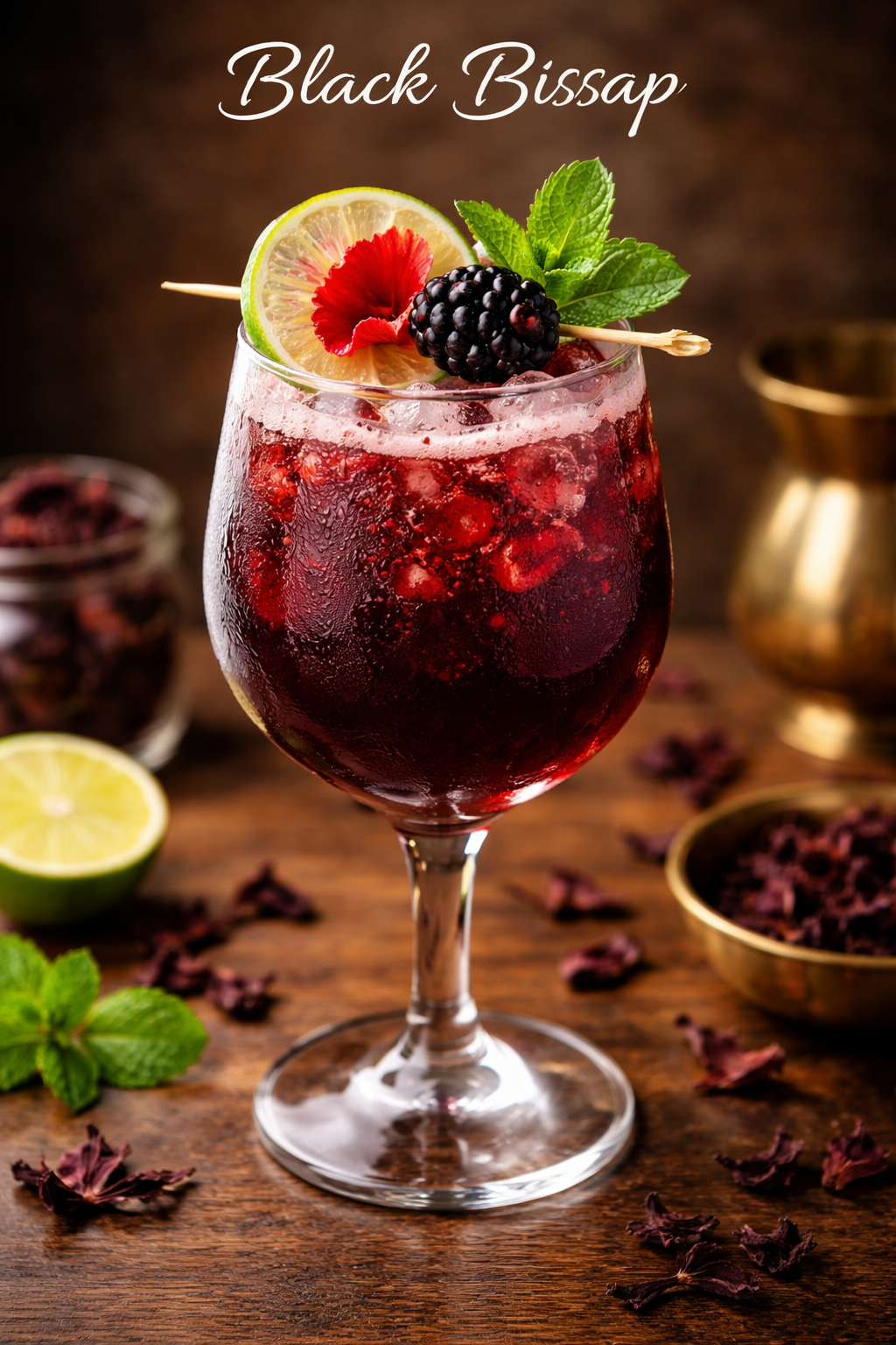 A glass of black currant cocktail garnished with a lemon slice, blackberry, mint leaves, and a red flower petal, placed on a wooden surface with scattered dried flower petals, fresh lime, and other bowls of dried flowers in the background.