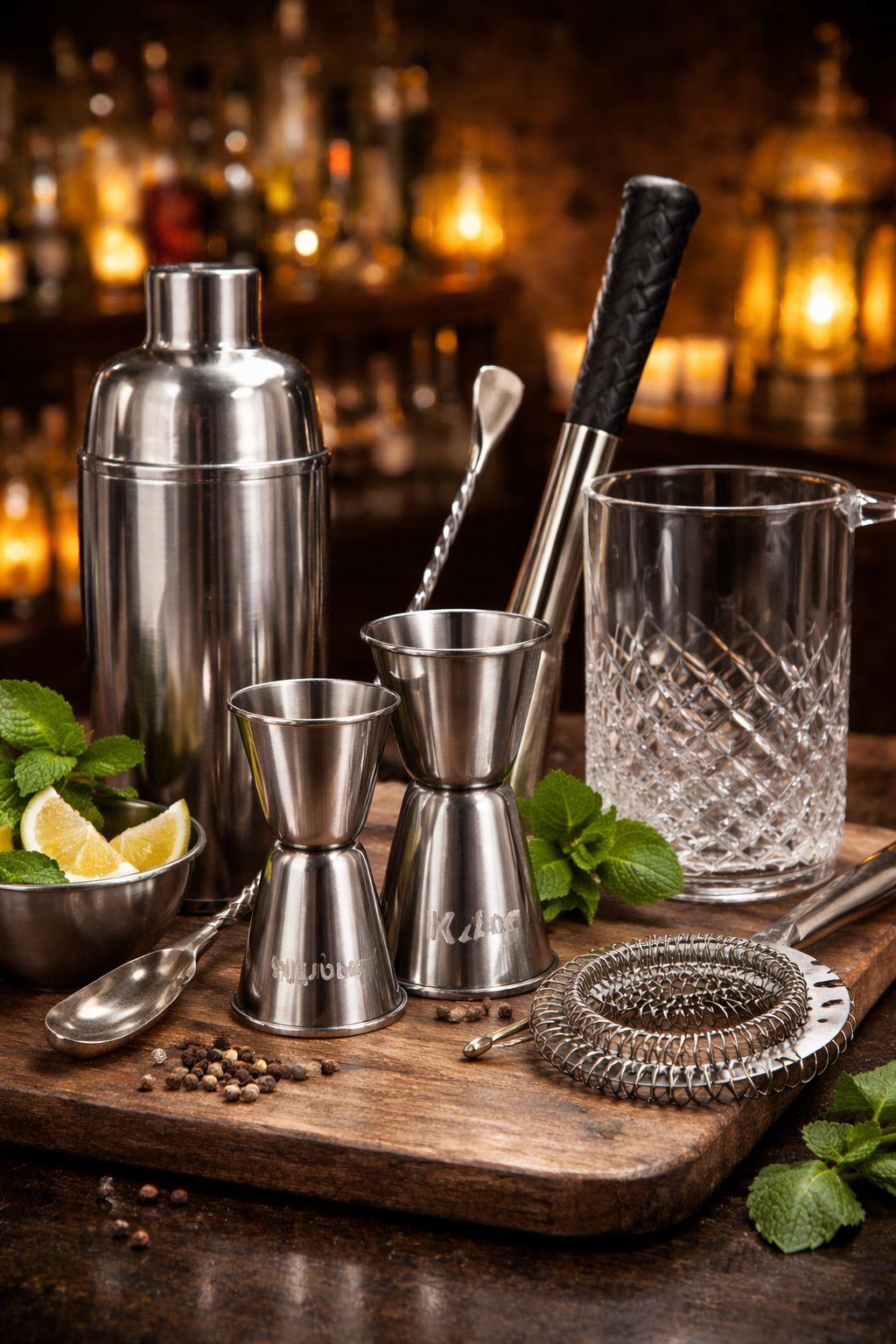 Bar tools including a stainless steel cocktail shaker, cocktail strainer, jigger, muddler, spoon, and a large glass mixing pitcher on a wooden cutting board, with a bowl of lemon wedges and fresh mint, on a dark bar counter with blurred bottles and w