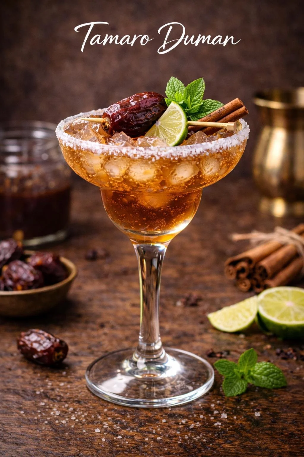 A tamarind-based cocktail garnished with a lime wedge, mint leaves, and cinnamon stick served in a salt-rimmed glass with ice, on a wooden surface with cinnamon sticks, lime slices, and dried fruits in the background.