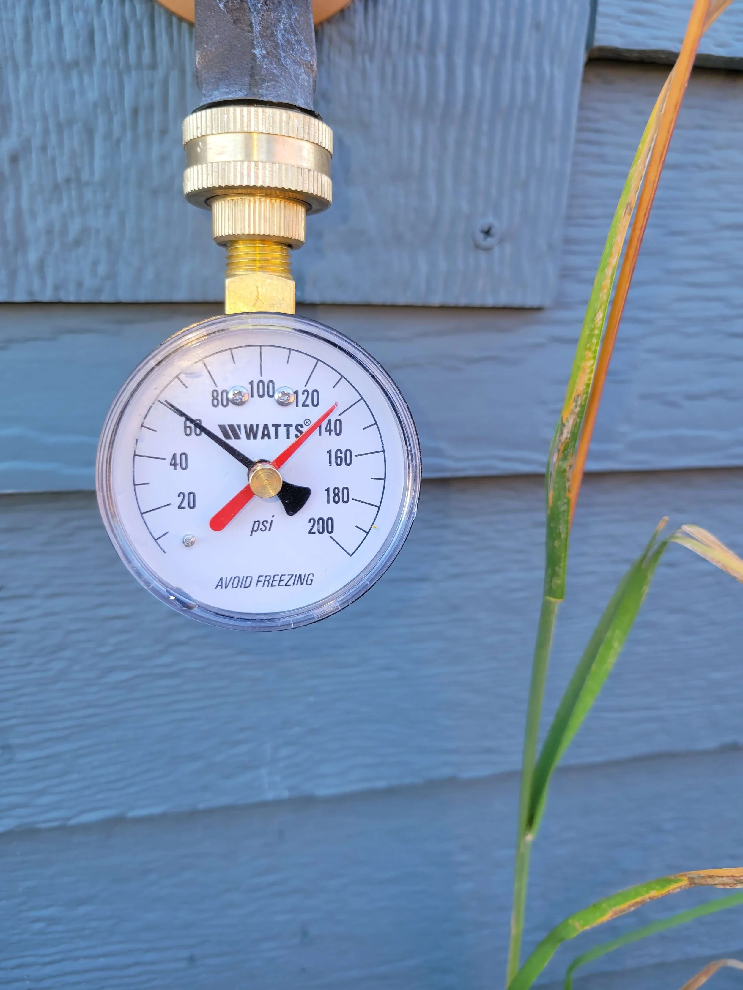 Pressure gauge attached to a pipe, measuring pressure in psi, labeled "WATTS" with a note to "Avoid Freezing," against a blue wooden wall.