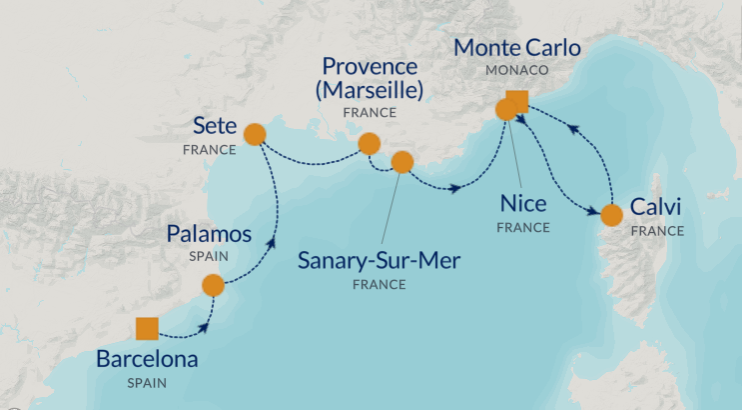 Itinerary map and destination highlight for the Azamara Onward France Intensive cruise, departing June 11, 2026, from Barcelona to Marseille, Sanary-sur-Mer, and Nice.
