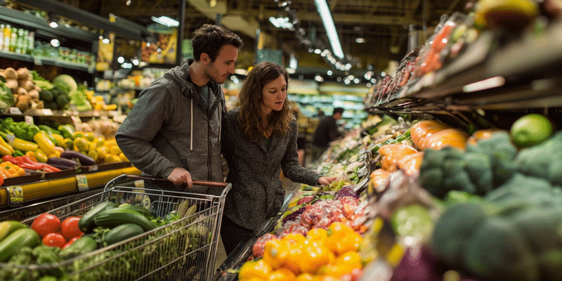 A man and woman shopping for produce in a grocery store, looking at vegetables on the shelf.