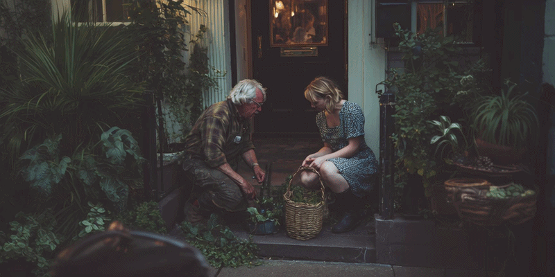 An elderly man and a young woman are sitting on the doorstep of a house, gardening together with potted plants and green foliage around them.