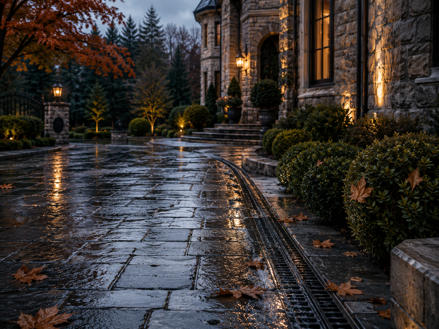 A wet cobblestone driveway in front of a stone house with illuminated windows and landscaped garden with bushes, trees, and pathway lights at dusk or early evening.