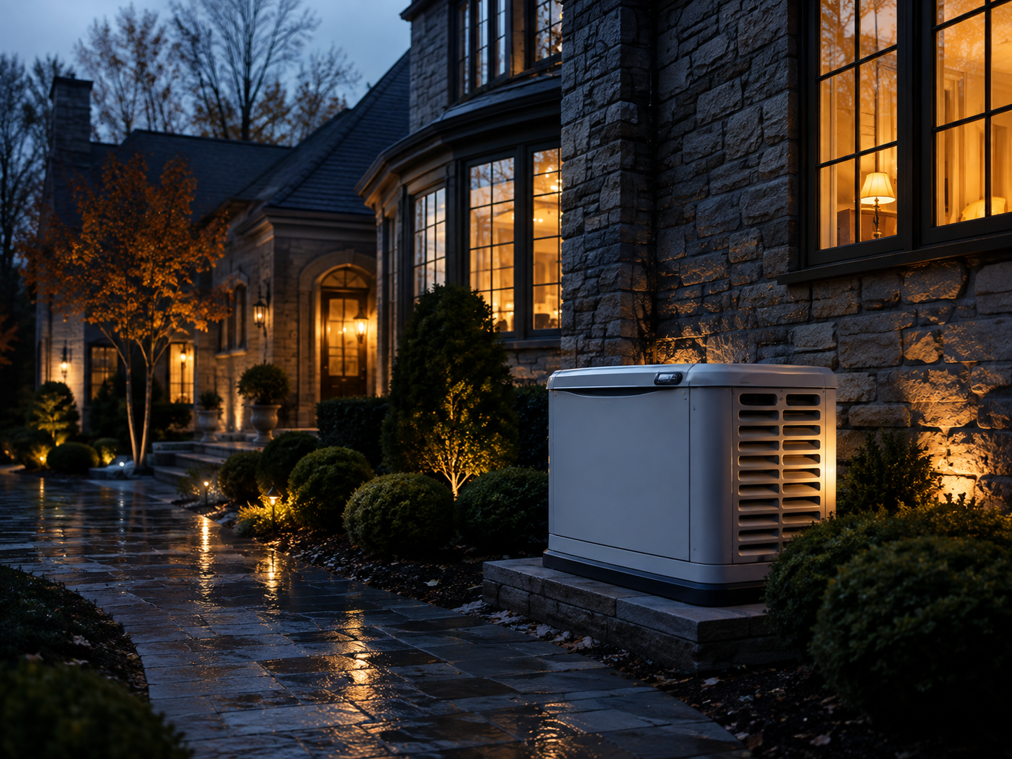 A nighttime scene of a large stone house with lit windows and an illuminated front yard. There are trees, shrubs, and pathway lights, with the house’s interior lights glowing warmly.