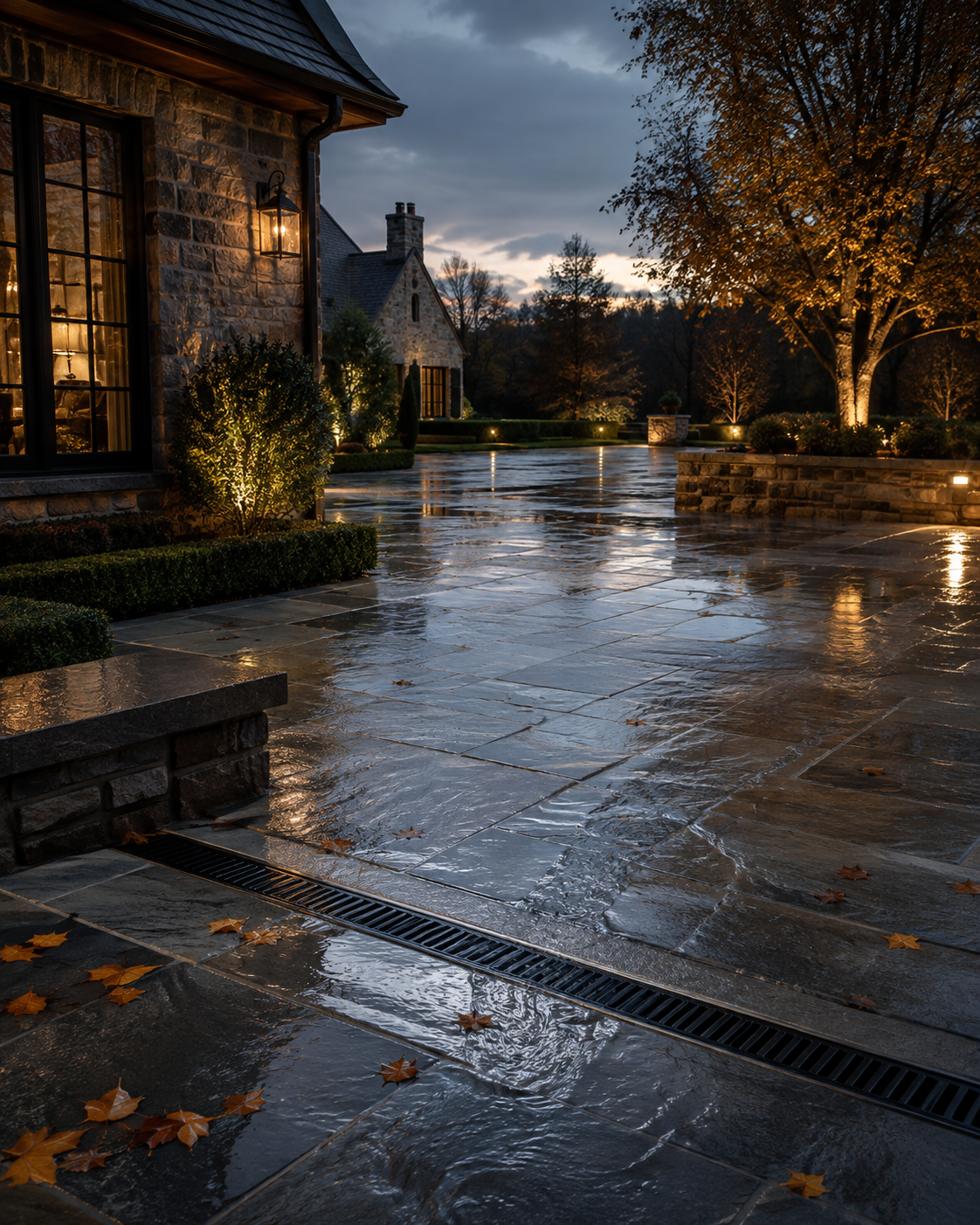Stone house with lit exterior lights on a wet driveway at dusk, surrounded by trees with autumn leaves.