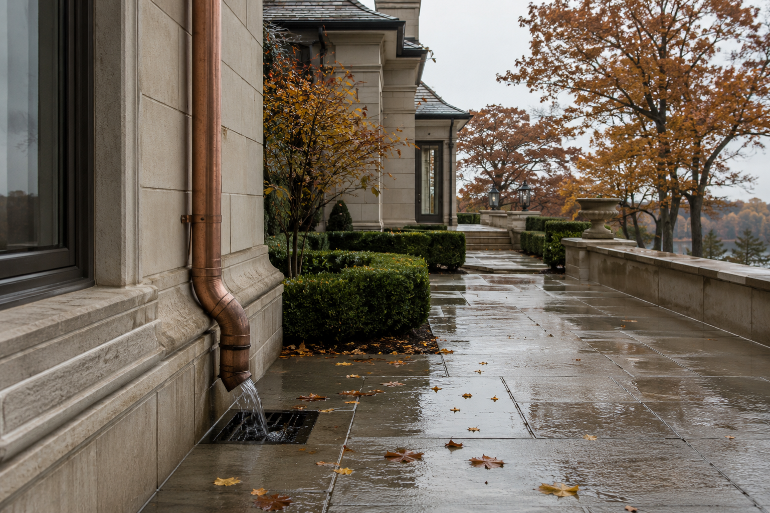 Rainy autumn porch with wet stone walkway, fallen leaves, manicured bushes, trees with orange and yellow leaves, and a stone railing with decorative urns, leading to a set of stairs.