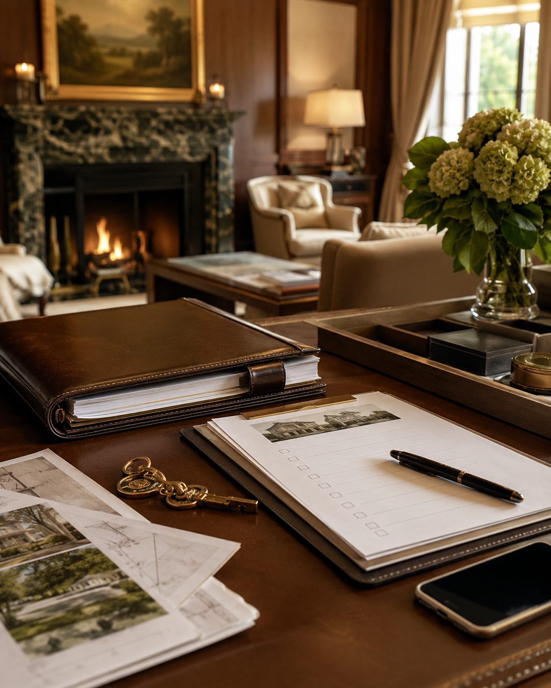 A desk in a cozy, well-lit living room with a flower arrangement, papers, a leather folder, a pen, and keys on top. In the background, there is a fireplace with a painting above it and furniture including an armchair and a side table with a lamp near large windows.
