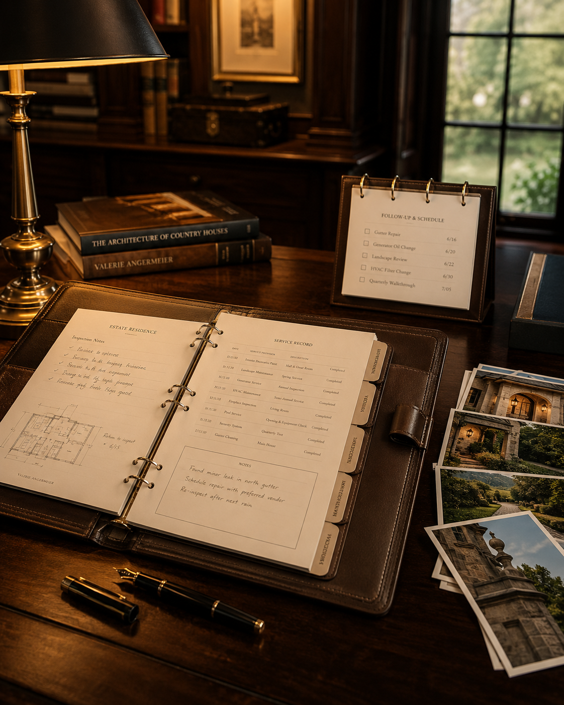 A wooden desk with a lamp, books, a service record binder, photographs, and a follow-up schedule in a well-lit office or study.