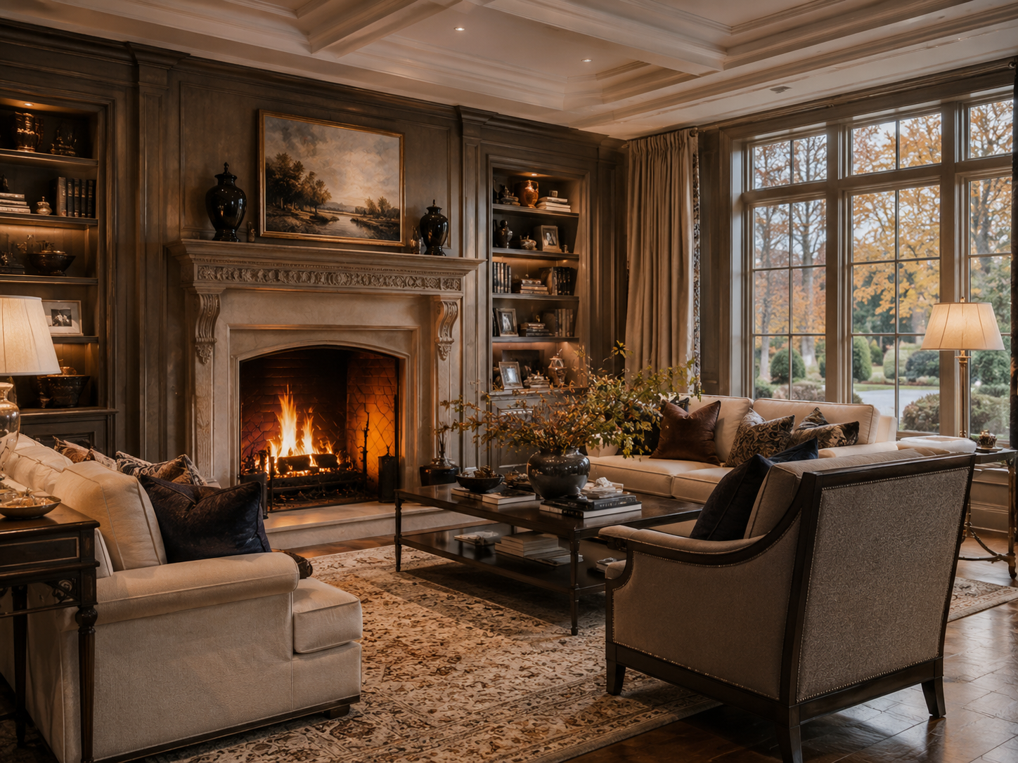 A cozy living room with a lit fireplace, leather and fabric sofas, a coffee table, bookcases, large windows showing a fall landscape, and warm lighting.