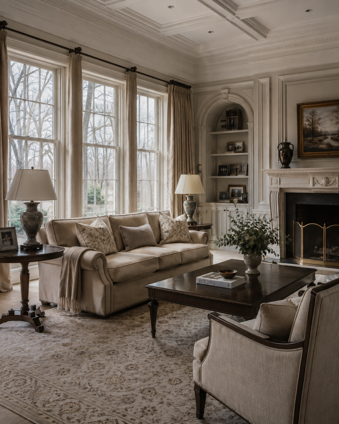 A cozy living room with a beige sofa, armchair, wooden coffee table, and side tables with lamps. Large windows with cream curtains let in natural light, and there is a fireplace with a mantle, a framed landscape painting, and built-in shelves filled with photos and decorative items.