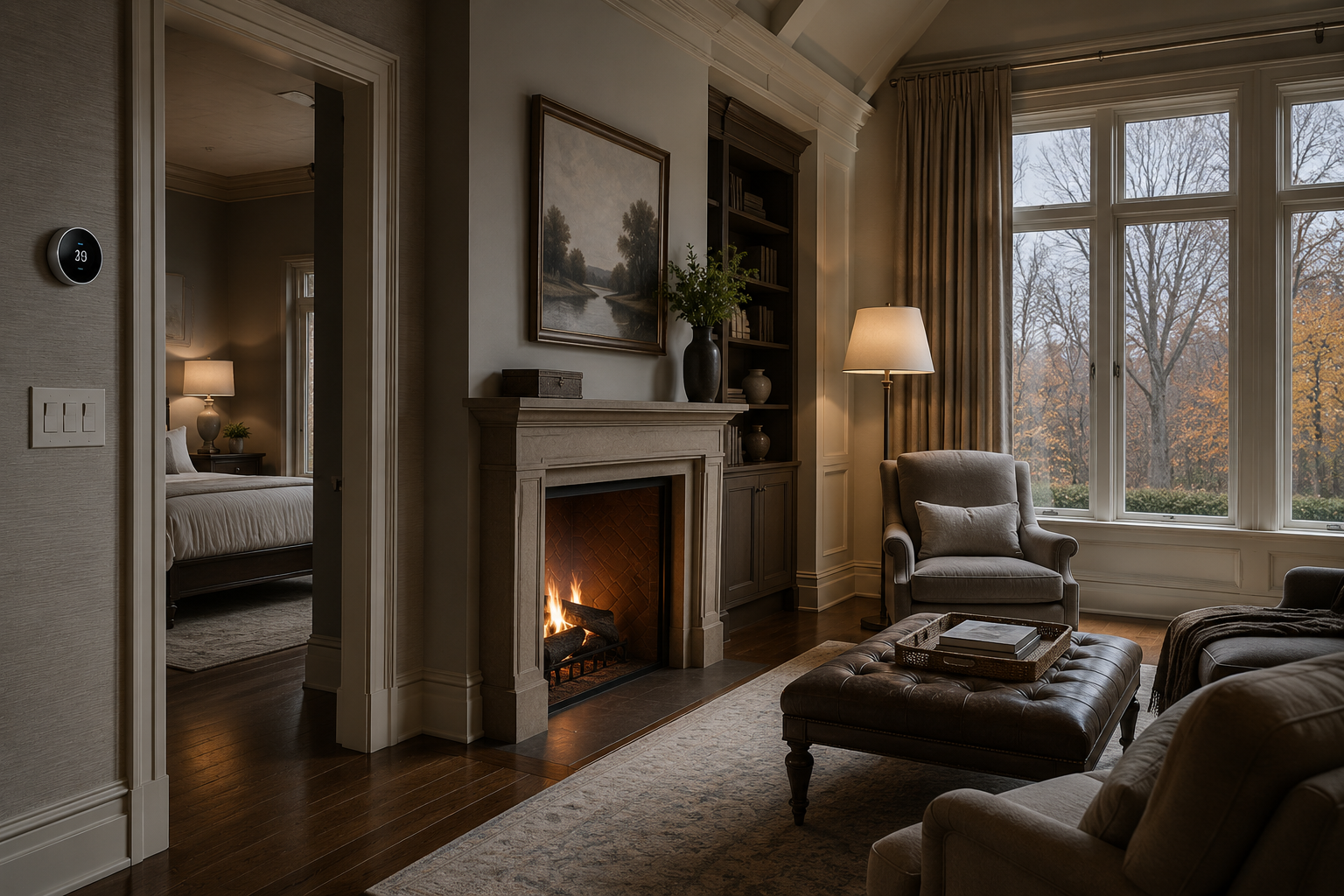 Living room with a fireplace, armchair, window with autumn trees, and lamp. Bedroom visible through doorway with bedside lamp.
