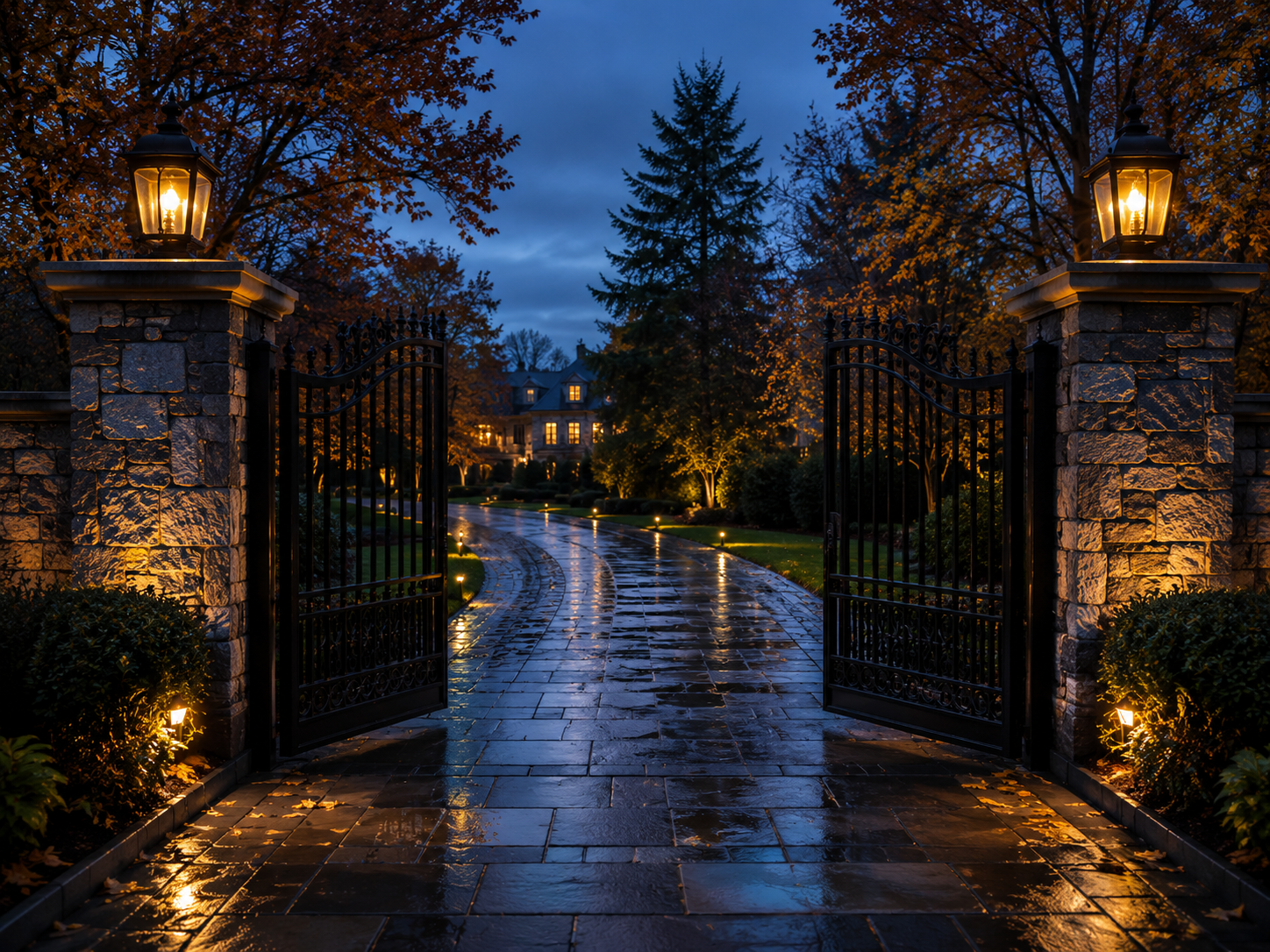 A wet cobblestone driveway lined with illuminated pathway lights leads to a large house in the distance, framed by trees with autumn foliage, under a cloudy evening sky.