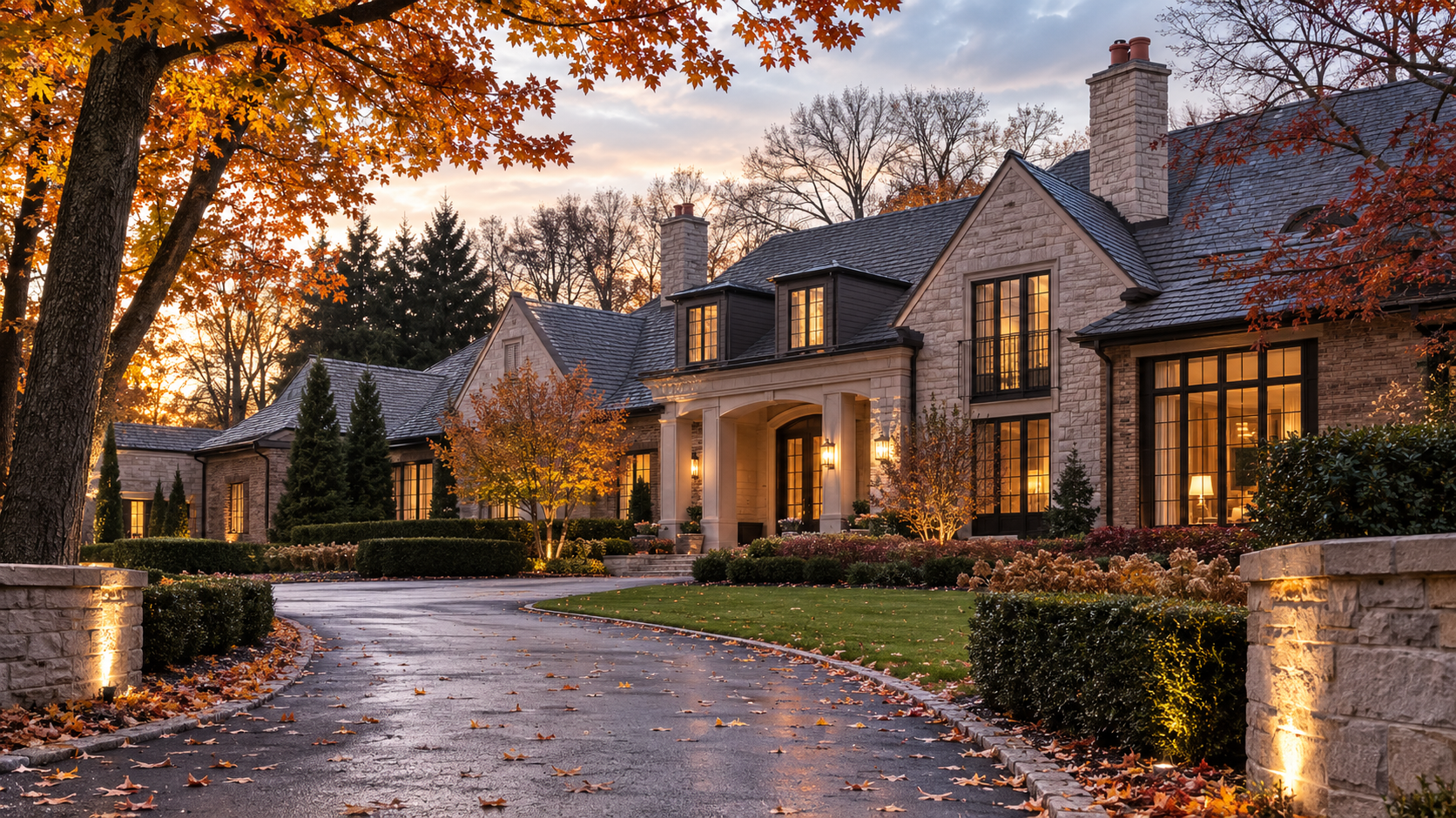 A large elegant house with stone and brick exterior, surrounded by a landscaped yard with trees, shrubs, and a curved driveway, during autumn evening with warm interior lights visible through windows and outdoor lighting illuminating the garden.