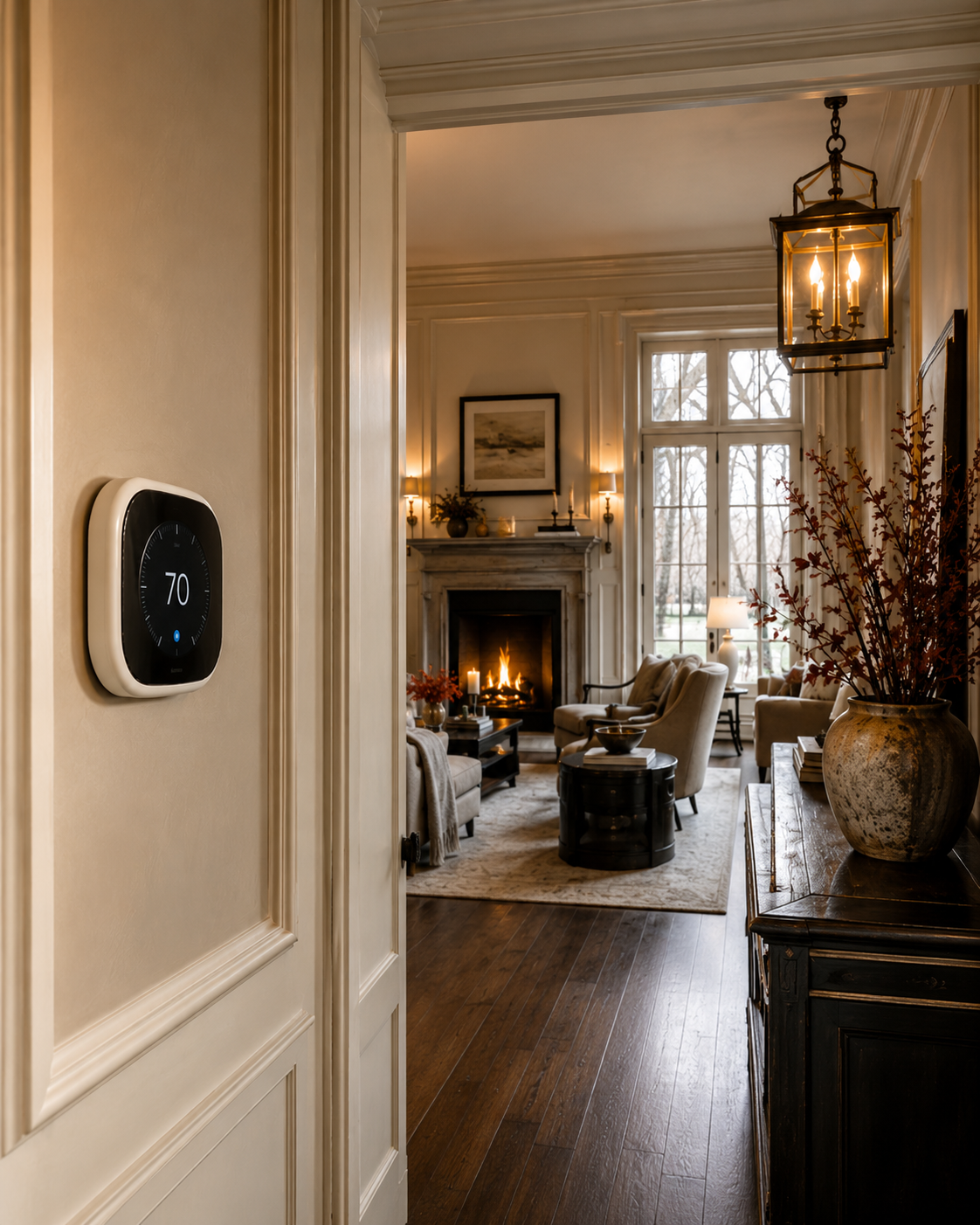 Living room with fireplace, armchairs, and large window; thermostat on wall showing 70 degrees.