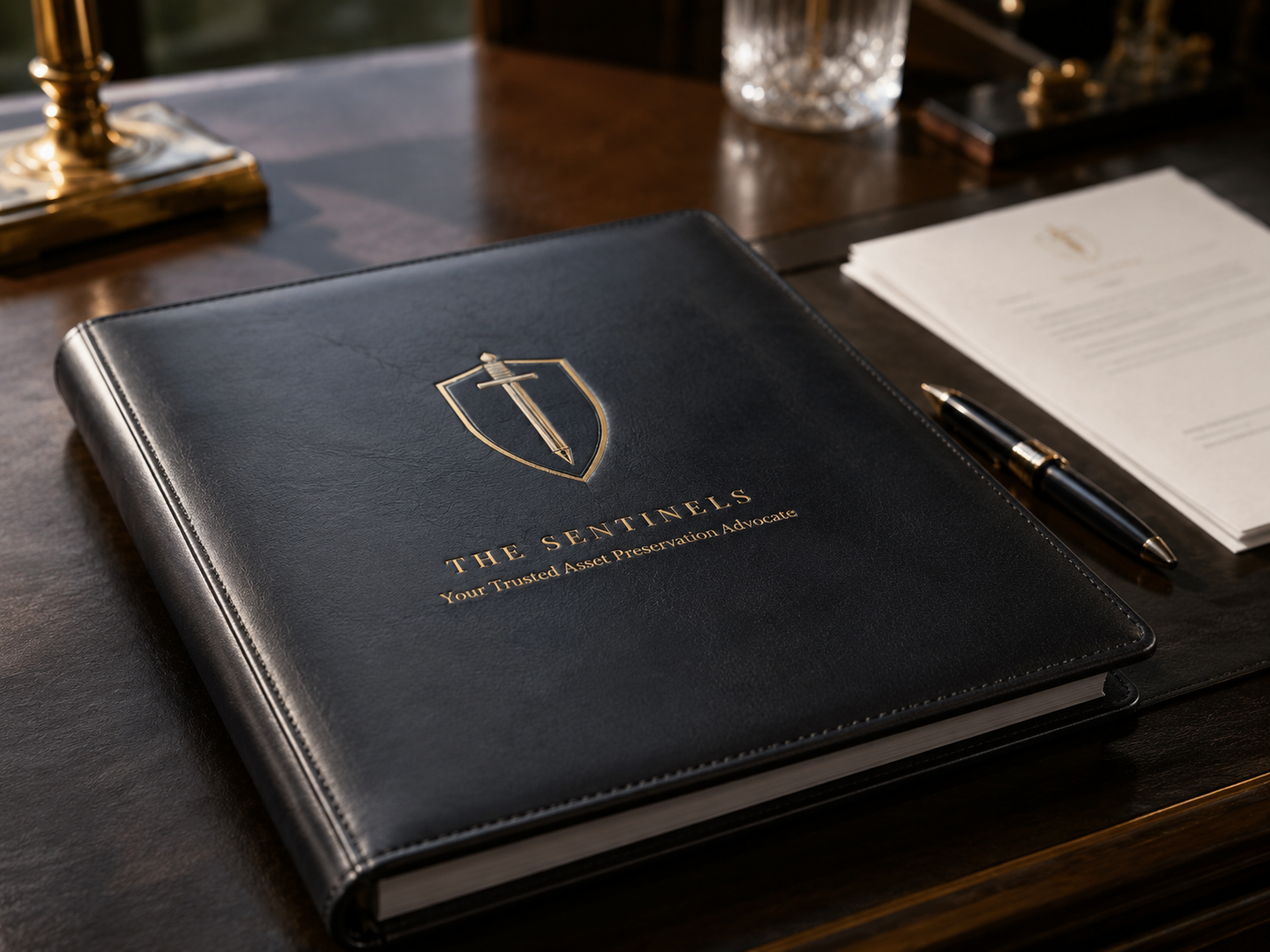 Black leather binder with gold lettering and a shield logo featuring a sword, labeled 'The Sentinels' with a tagline underneath. It is placed on a dark wooden table with a pen and documents beside it, with a gold desk lamp and glass cup nearby.