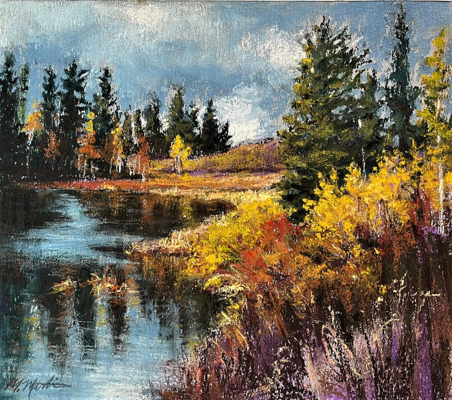 An oil painting of a river surrounded by trees with autumn foliage, reflections in the water, and a partly cloudy sky.