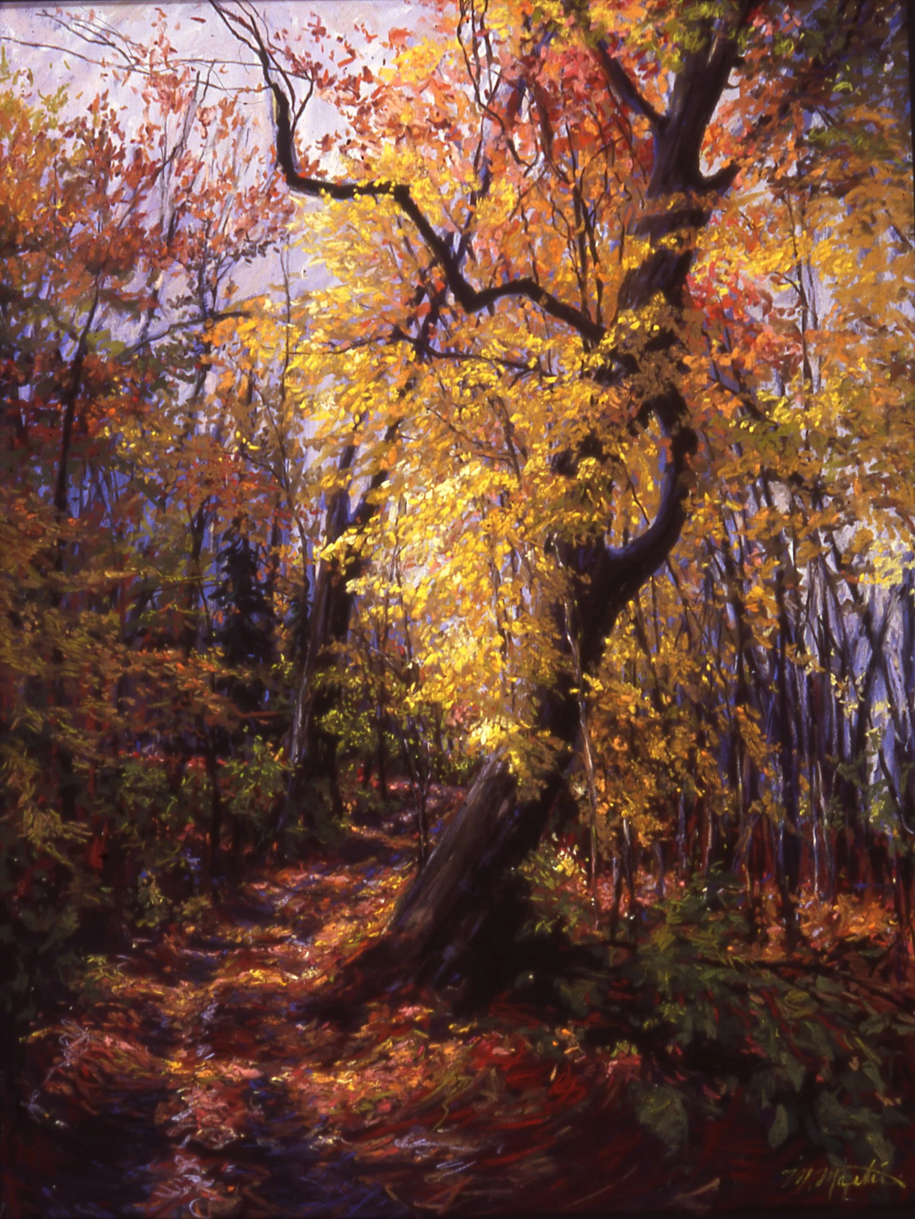 An oil painting of a forest scene with a large tree fallen on the ground, surrounded by colorful autumn leaves in shades of yellow, orange, red, and purple, with a trail in the background.