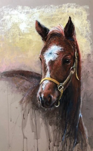 Painting of a brown horse with a white star on its forehead, wearing a yellow halter, against a background with light and dark colors.