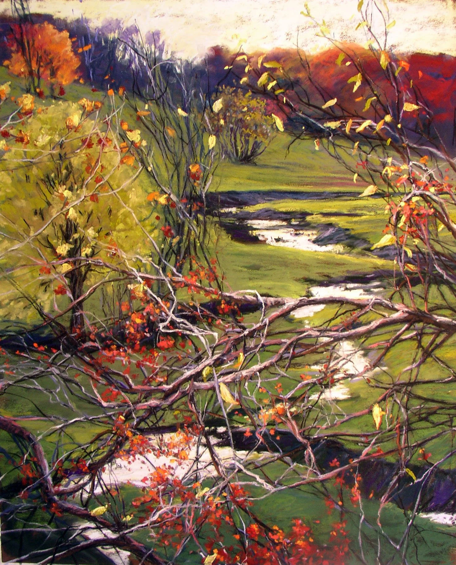 Painting of an autumn landscape featuring trees with red, orange, and yellow leaves, a small flowing creek, and a grassy area with mountains in the background.