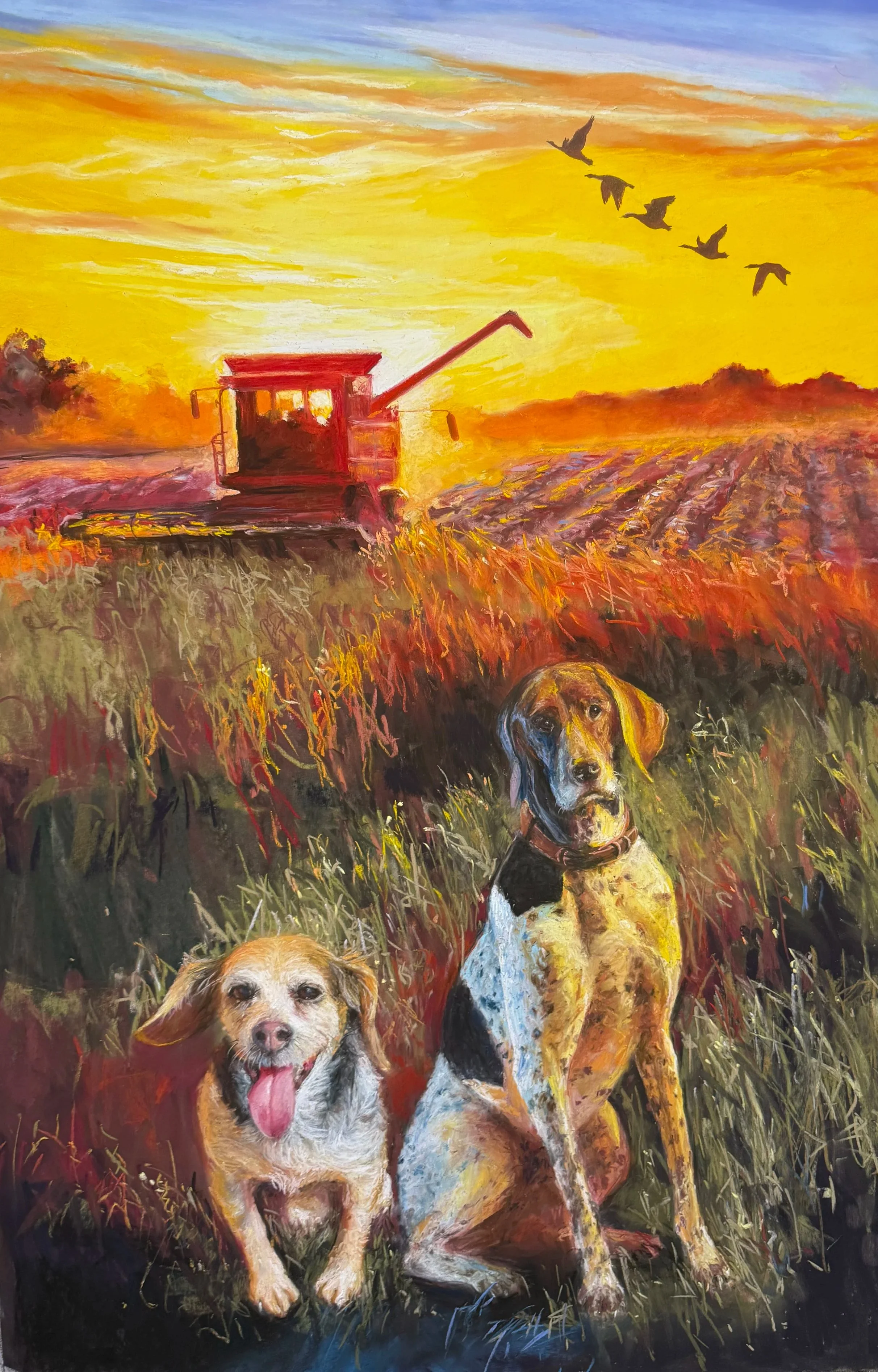 A painting of two dogs sitting in a field of tall grass at sunset, with a red tractor in the background and birds flying in the sky.