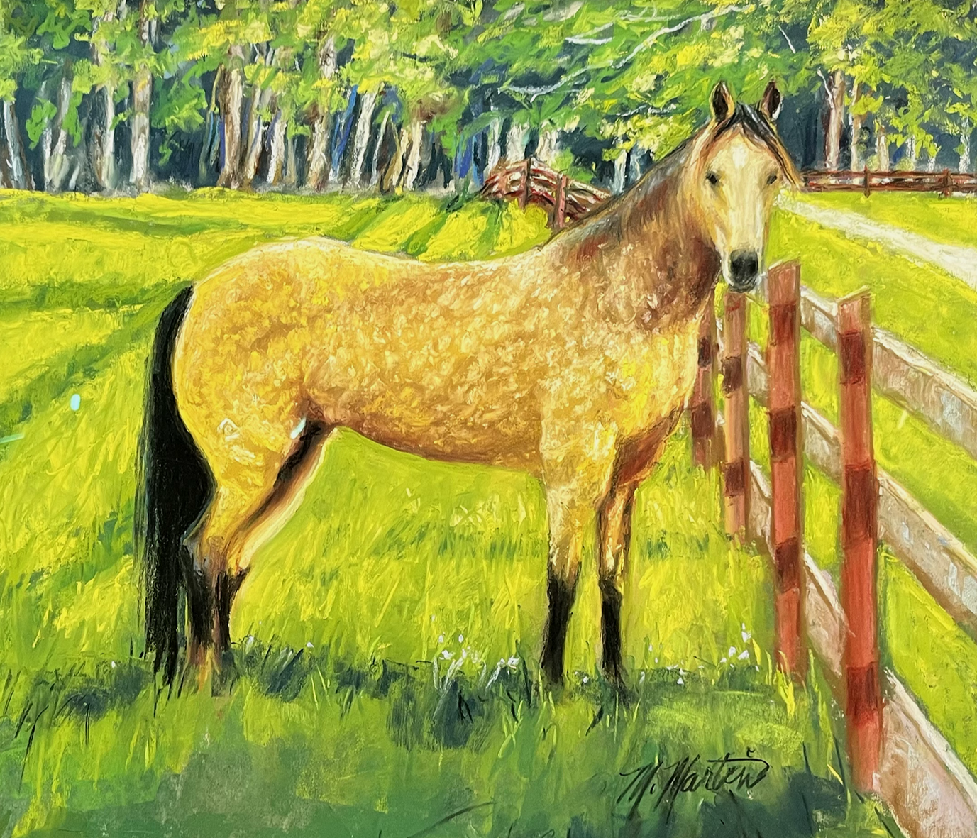 A painting of a yellow horse with a black mane and tail standing in a green pasture near a wooden fence, with a forest in the background.