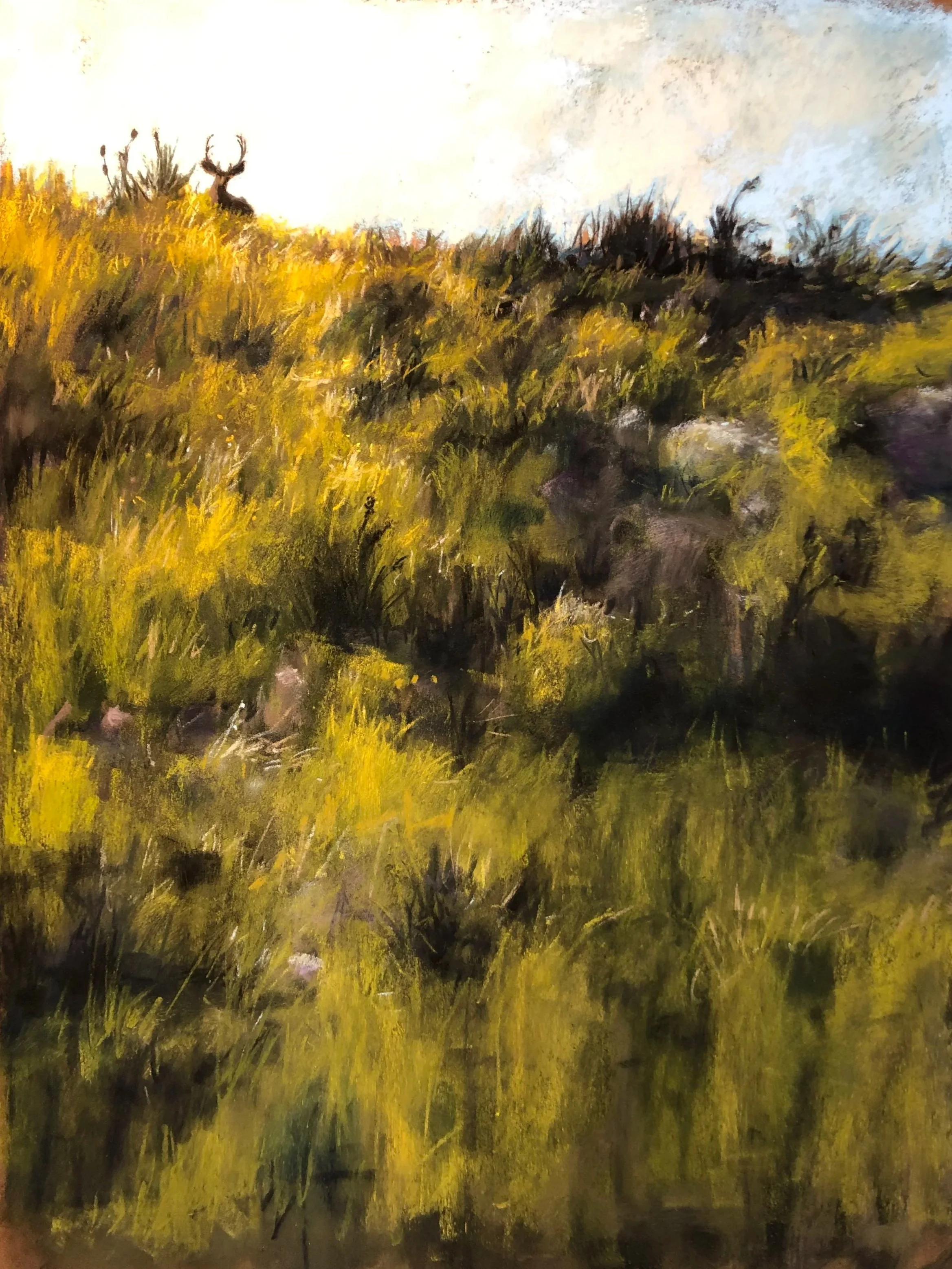 A painting of a grassy hillside with two deer at the top, one with antlers, under a partly cloudy sky.