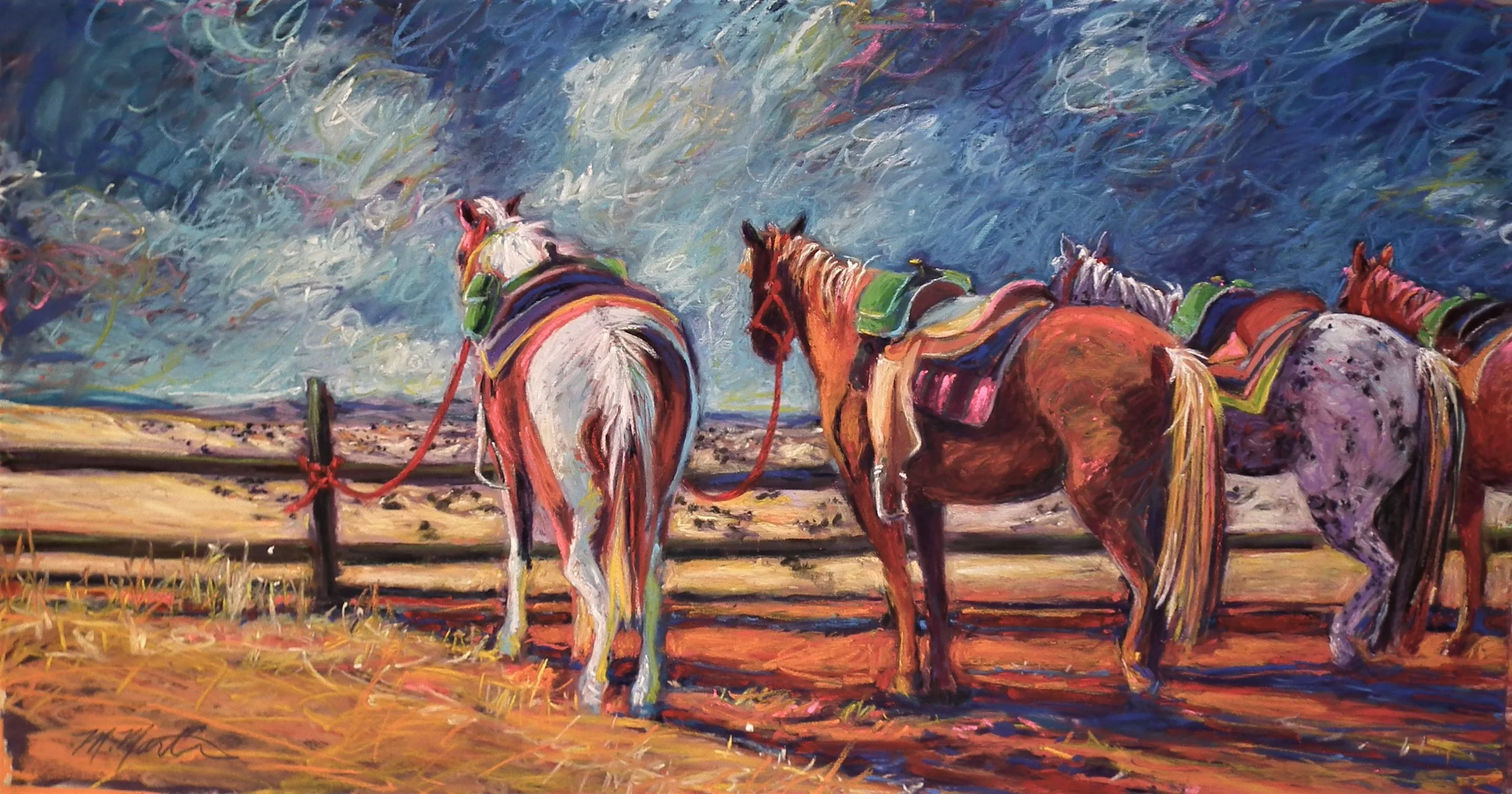 Colorful painting of a group of horses standing on a dirt field, facing a wooden fence with a dramatic sky in the background.