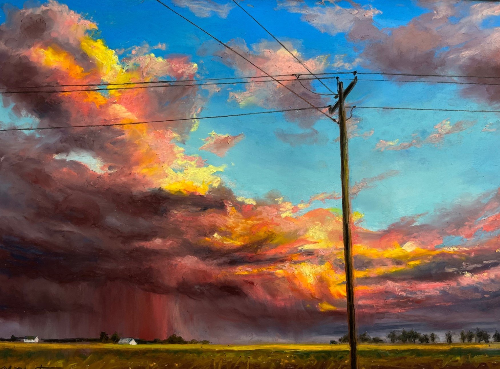 A painting of a vibrant sunset over a rural landscape with a storm in the distance, a utility pole, and power lines.
