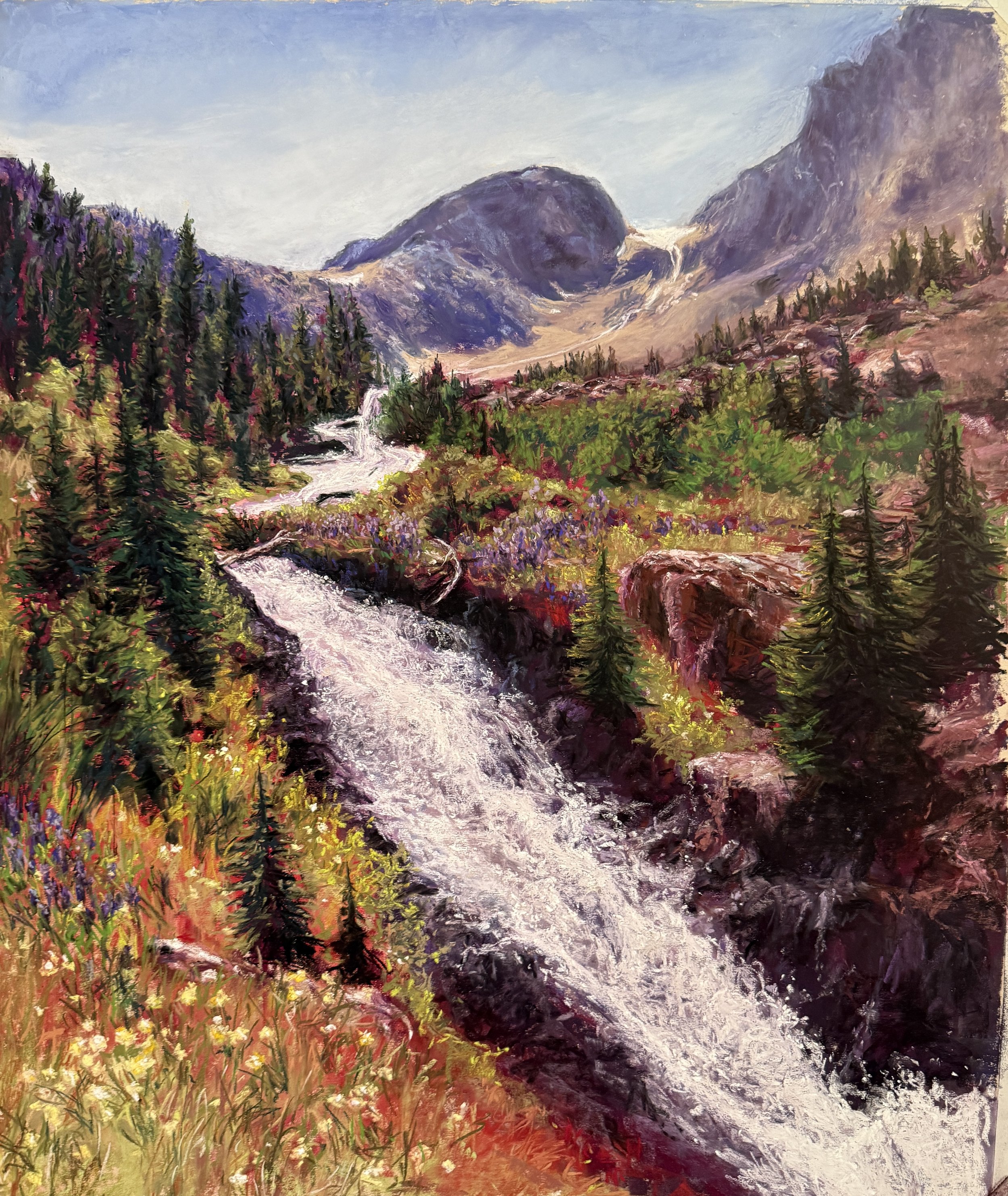 An oil painting of a mountain scene with a rushing waterfall, evergreen trees, colorful wildflowers, and tall mountains in the background under a partly cloudy sky.