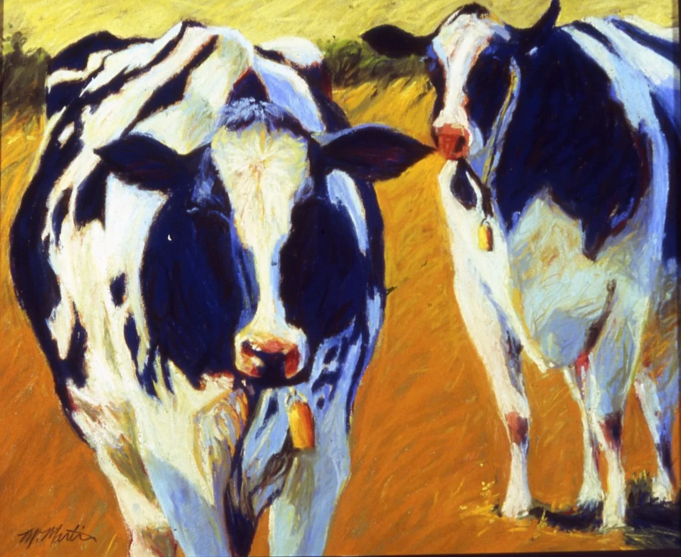 Painting of two Holstein cows standing on a yellowish-brown background.