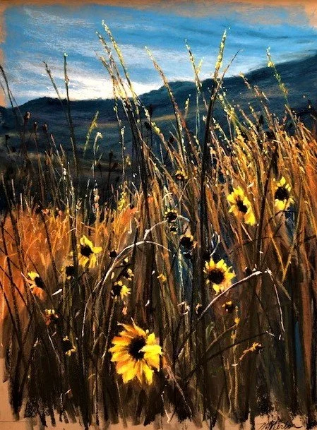 Painting of a field with yellow flowers and tall grasses in the foreground, mountains and a blue sky in the background.