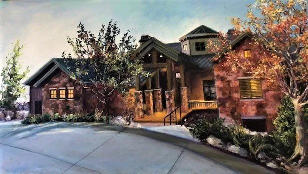 A painting of a large house with trees and snow in the yard.