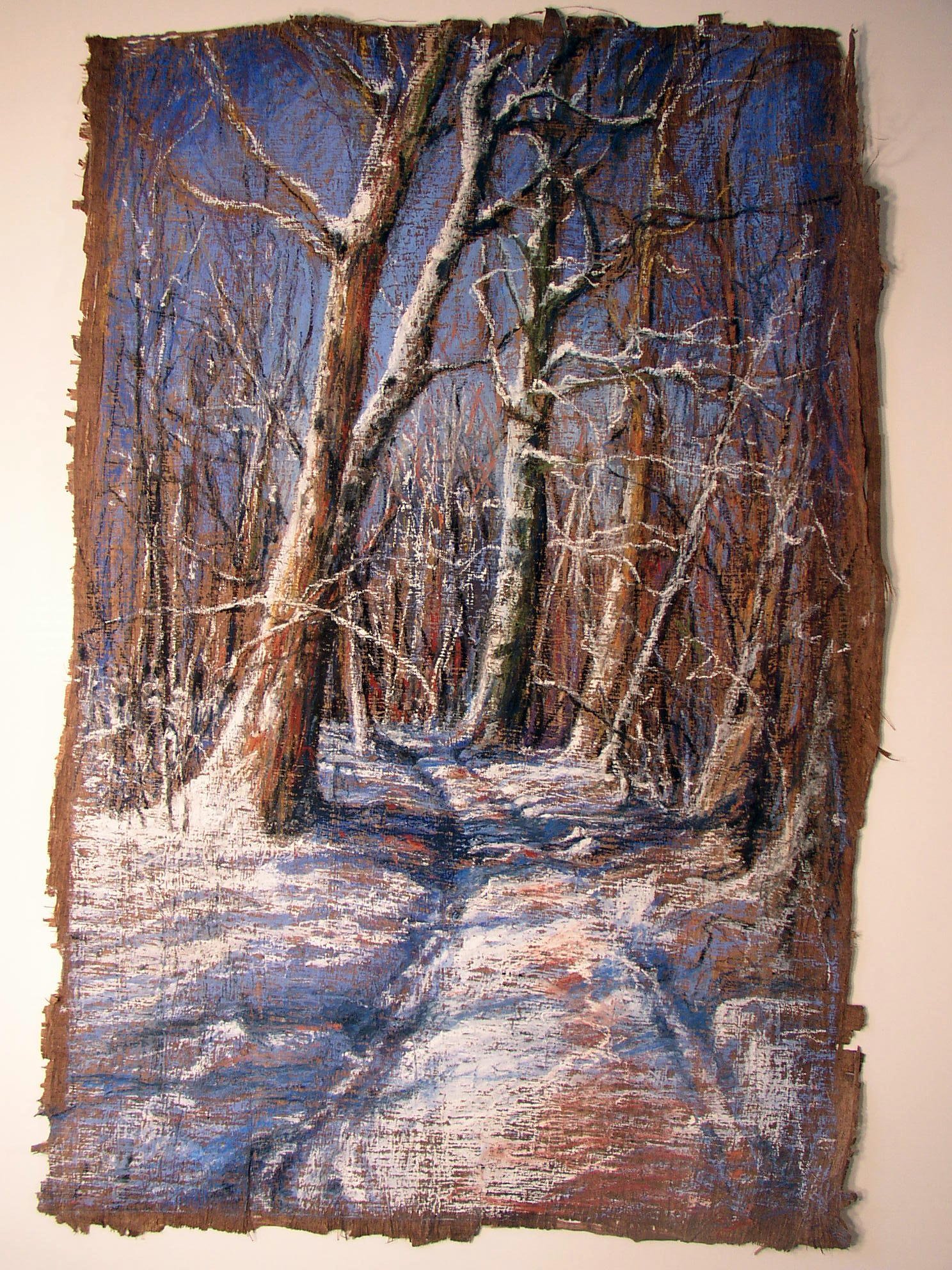 A painting of snow-covered trees in winter on a forest trail, with a blue sky visible through the branches.