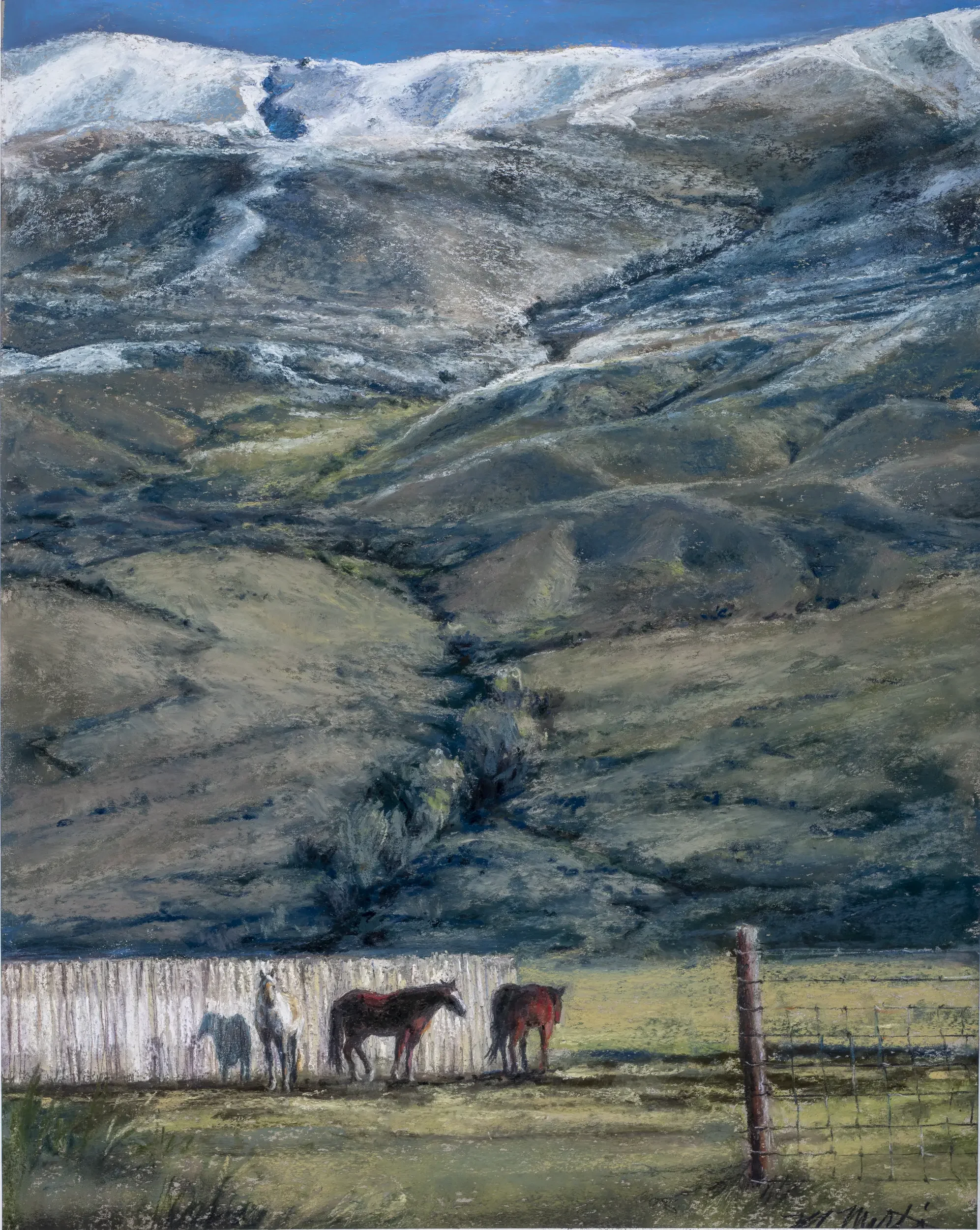 A landscape painting depicting rolling green hills and mountains under a cloudy sky, with three horses standing near a wooden fence in the foreground.