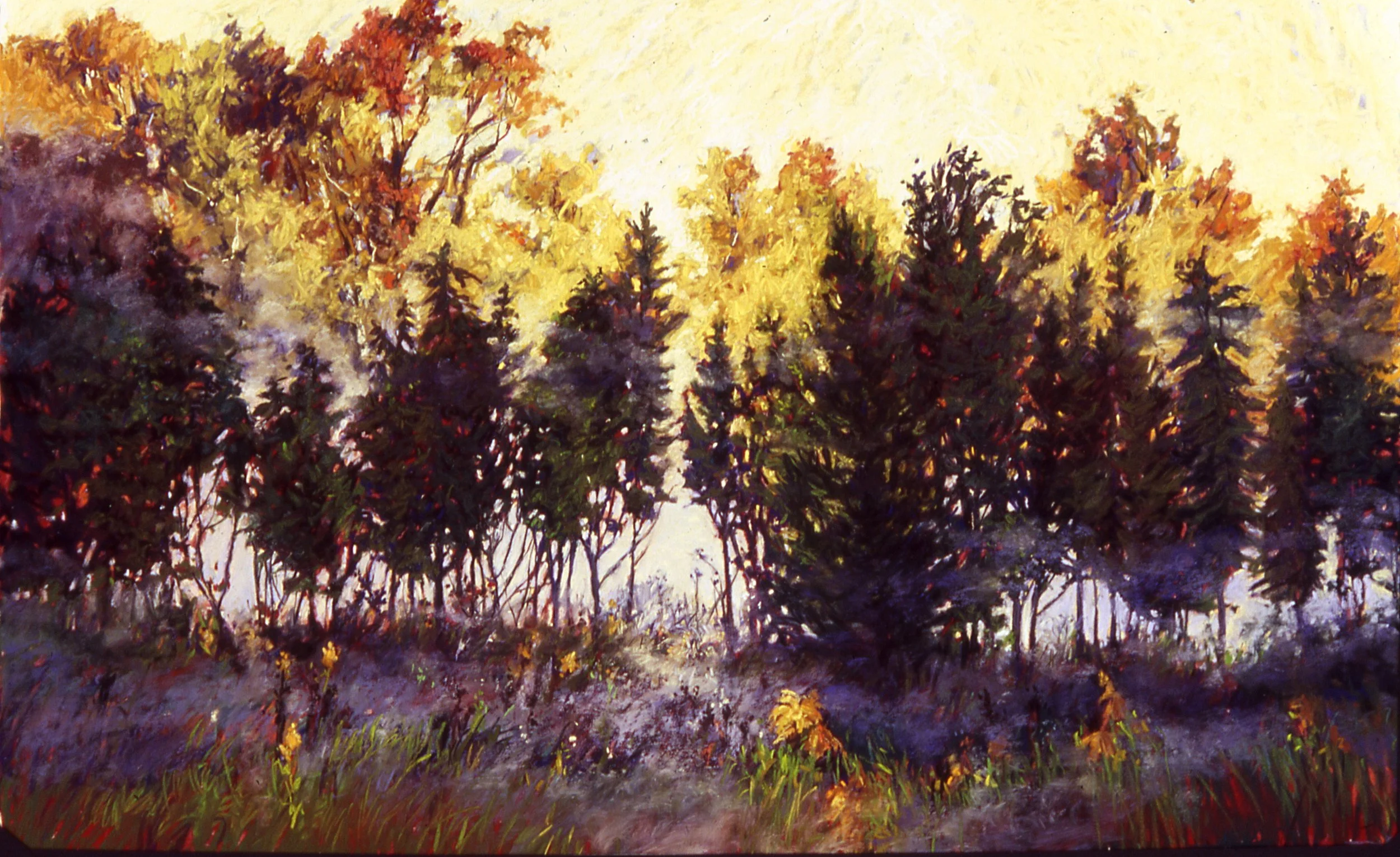 A colorful painting of trees with yellow, orange, and green leaves, with a bright sky in the background.