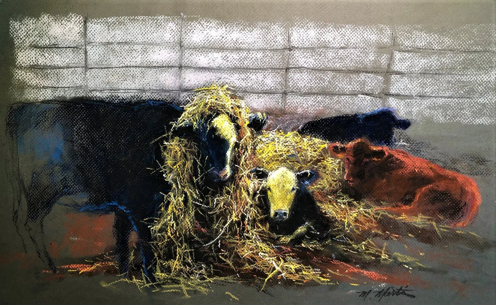 Three farm animals—a black sheep, a pale lamb, and a reddish-brown calf—lying close together on a barn floor with a white brick wall behind them.