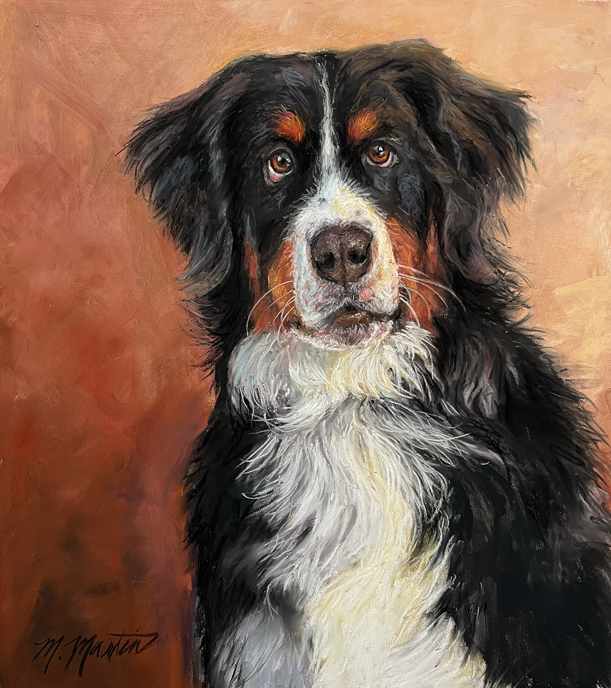 Painting of an Australian Shepherd dog with black, white, and tan fur, with a brown background.