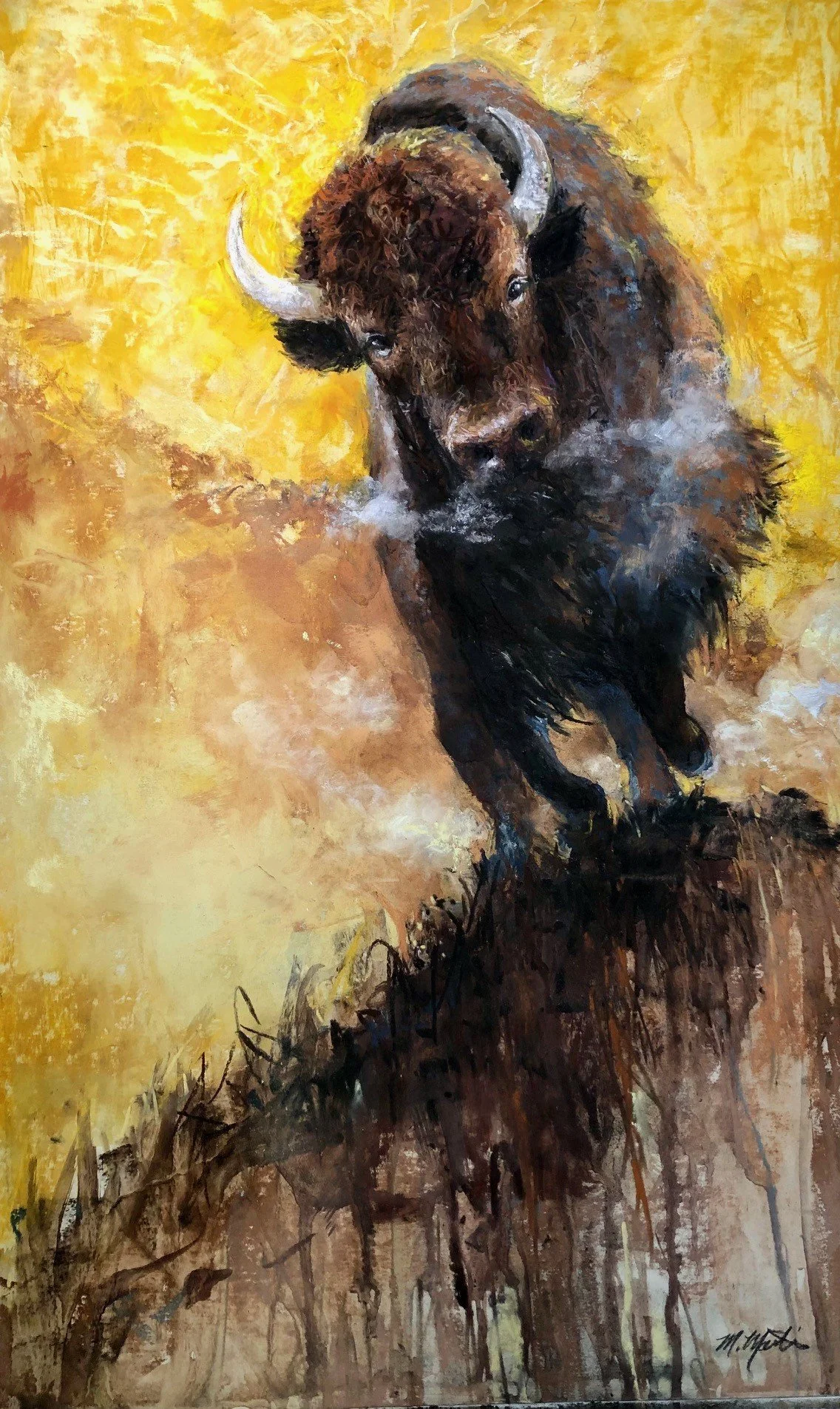 Painting of a bison with a yellow background, showing detailed fur, horns, and facial features.