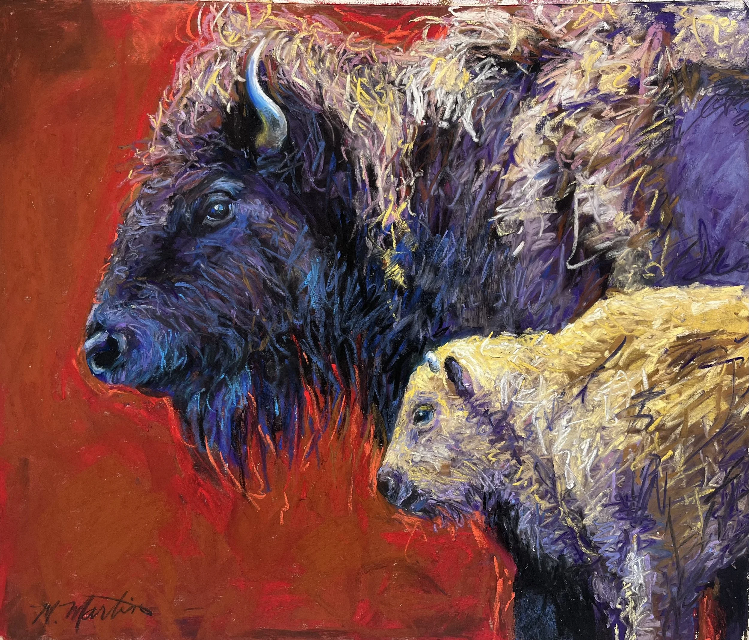 Painting of a buffalo with a dark face and horns, and a lighter buffalo facing right, both set against a vibrant red background.